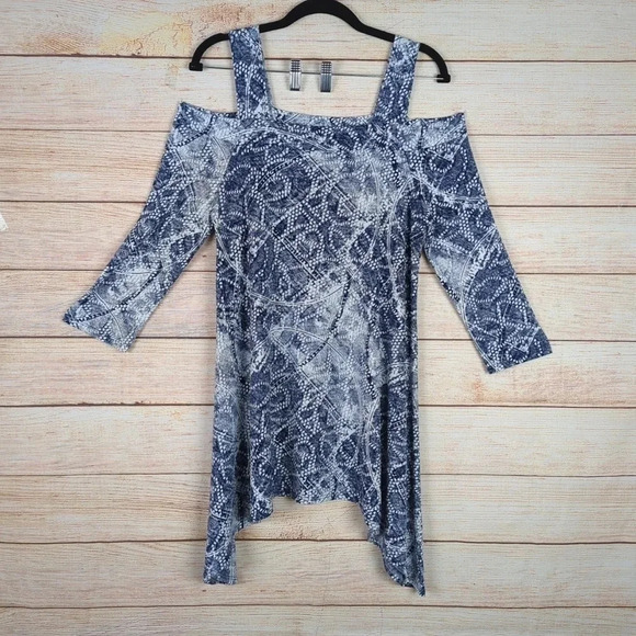 Clara Sun Woo Women's Size M  Cold Off Shoulder Blouse Blue Printed Slinky Top - Picture 1 of 9